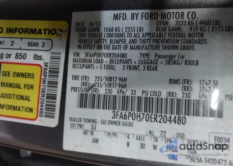 2014 Ford Fusion Se из США, поврежденный, VIN 3FA6P0H70ER204480